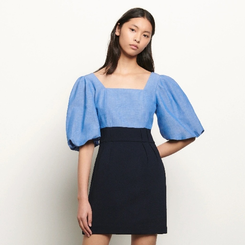 Sandro Paris Two Tone Puff Sleeve Mini Dress Blue Navy / Size S